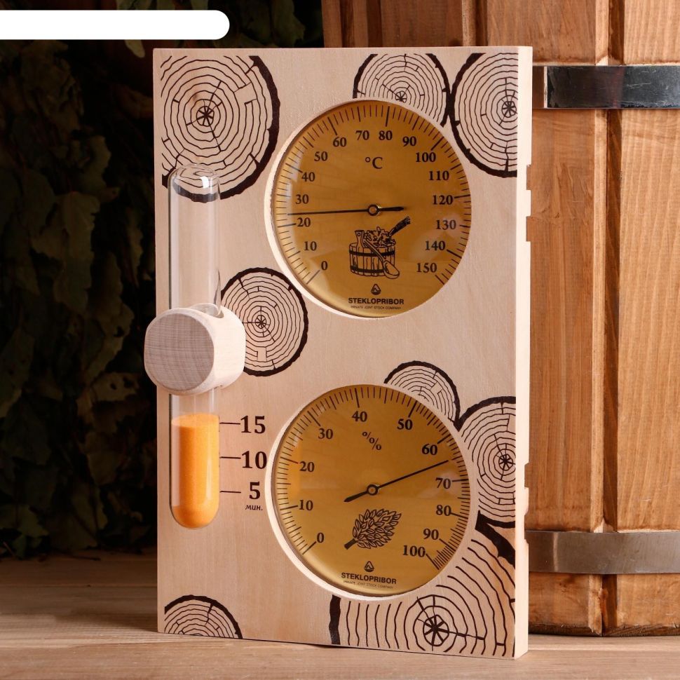 Банная станция, часы песочные + термометр + термогигрометр для бани и саун фото 1